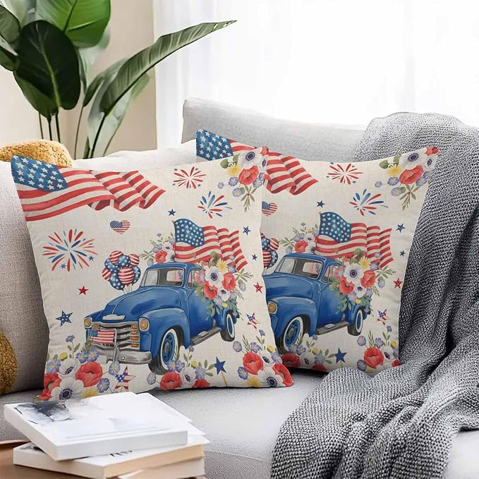 Independence Day Outdoor Pillow Covers Set of 2,Farm Truck USA Flag Poppy Decorative Waterproof Throw Pillow Case Retro Patriotic Fireworks Cotton Linen Soft Cozy Cushion Pillowcases 20x20In