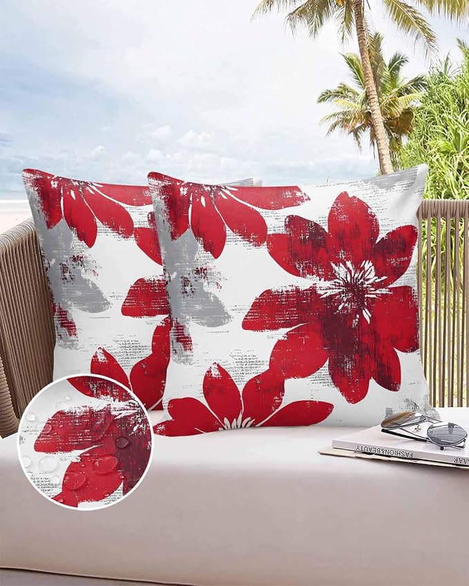 Vandarllin Outdoor Throw Pillows Covers 16x16 inch Set of 2 Waterproof Red Sunflower Decorative Zippered Cushion Covers for Patio Furniture, Flower Field Lumbar Pillowcases