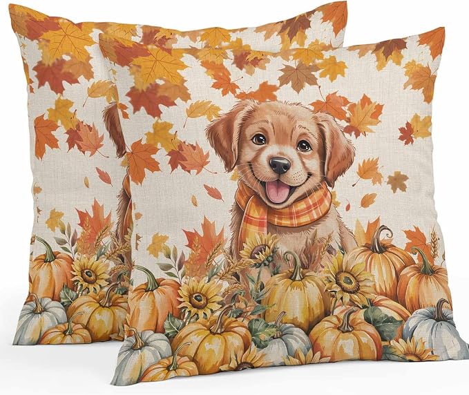 Orange Cute Dog Outdoor Waterproof Pillow Covers, Fall Pumpkins Maple Leaves Retro Pastoral Decorative Square Throw Pillowcase Sofa Cushion Sham for Patio/Couch/Chair, 16"x16" 2 Pack