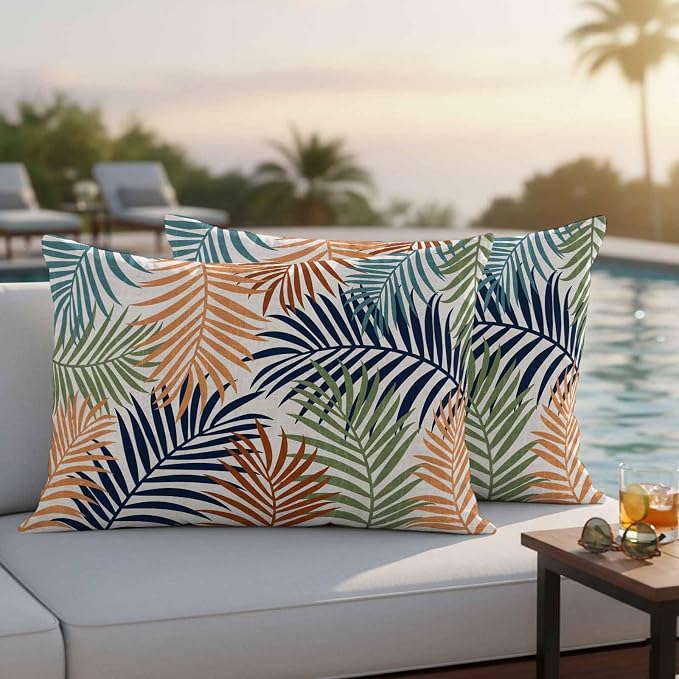 Outdoor Waterproof Throw Pillow Covers, Colorful Palm Leaves Decorative Pillow Cases, Summer Botanical Tropical Leaf Couch Pillow Protector Patio Sofa Cushion Covers Replacement 20"x12" 2 Pack