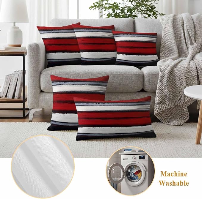 Red and Black Strip Outdoor Pillow Covers 18"x18" Set of 2, Classic Modern Art Waterproof Throw Pillow Covers for Patio Furniture, Decorative Cushion Covers for Porch