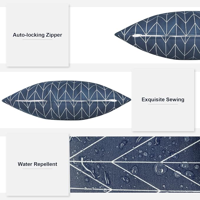 Outdoor Lumbar Pillows, Water Repellent Cushion Pillows 12x20 Inch, Outdoor Pillows with Inserts for Home Garden, Pack of 2, Herringbone Navy