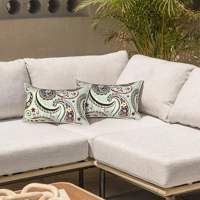 LVTXIII 2 Pack Outdoor Lumbar Pillows 12x20 Inch with White Piping, Fade Resistant Support Throw Pillows with Inserts for Patio Furniture, Sofa, Chair, Paisley Light Cyan