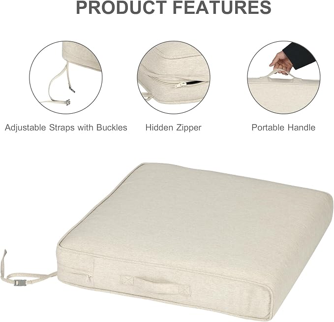 Aoodor Patio Chair Cushions Set of 2, 21 x 21 x 4 Inch Water Resistant Outdoor Seat Cushions with Handle and Ties, Square Corner Cushions for Patio Furniture Garden Lawn, Kahaki
