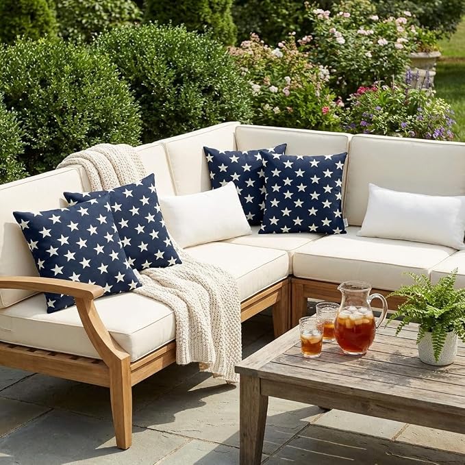 RSH DECOR Square Throw Pillows Set of 4, 17" x 17", All-Weather Pillows, Navy Americana Stars & Solid Red, Made in USA