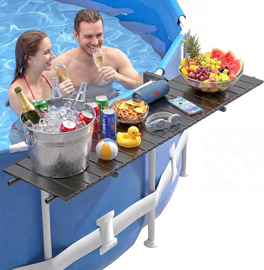 FUQUN Above Ground Pool Bar, 47" x 11.7" Heavy-Duty Matte Black Poolside Table, Stainless Steel Frame, Aluminum Tabletop, Fits 2-4" Top Rails & 22.8-48.4" Leg Spacing, for Round & Oval Frame Pools