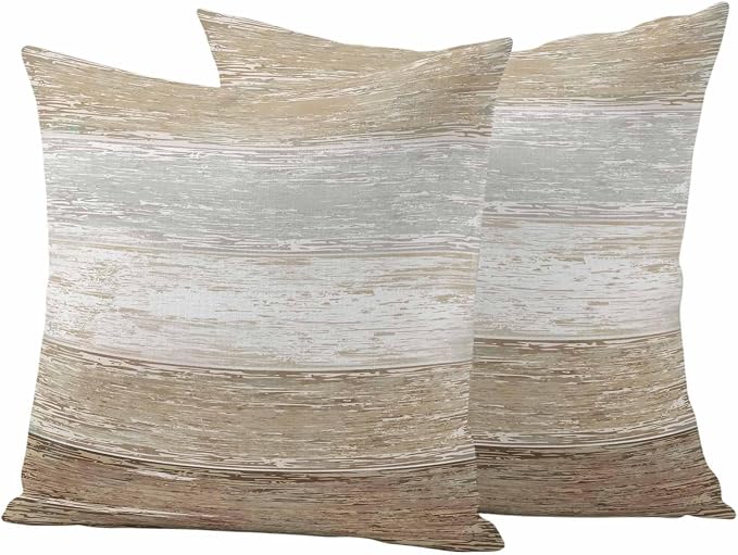 Outdoor Waterproof Throw Pillow Covers, Vintage Brown Grey Decorative Pillow Cases, Farmhouse Barn Wooden Striped Couch Pillow Protector Patio Sofa Cushion Covers Replacement 24"x24" 2 Pack