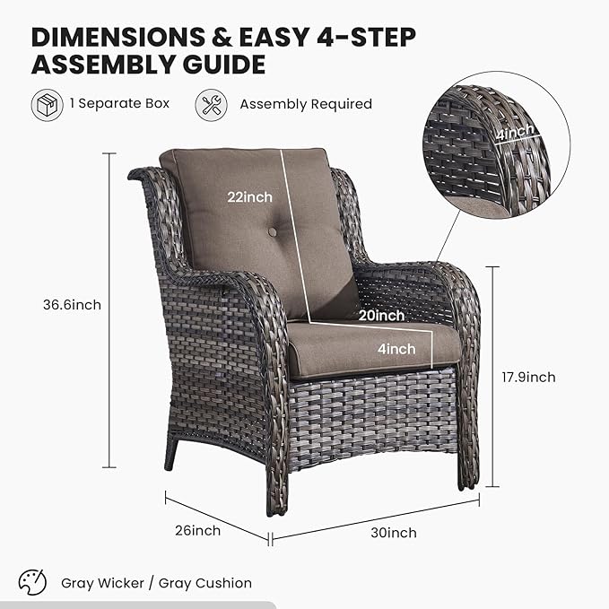 Belord High Back Patio Chairs Set of 2 - Gray Wicker Chairs Outdoor Seating, 4" Wide Armrests Rattan Outdoor Club Chair with Grey Removable Cushion for Deck Porch Backyard
