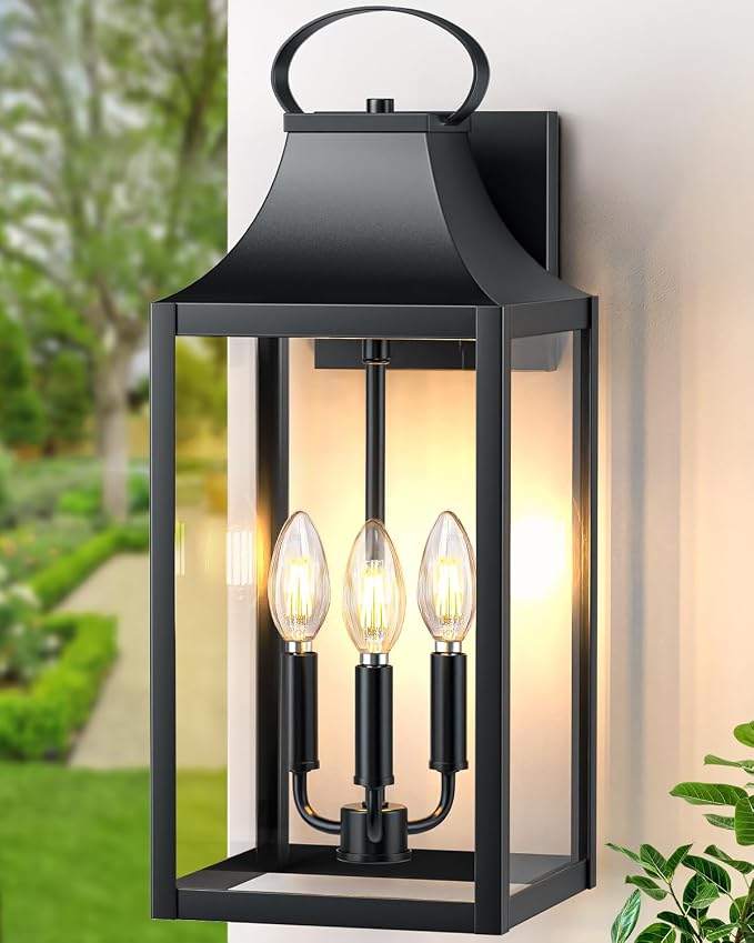 20" Extra Large Outdoor Wall Light, Black Exterior Lighting Fixtures | Waterproof Wall Mount Porch Lantern with 3-Light, Modern Outside Wall Sconce Garage Coach Light with Clear Glass, 1 Pack