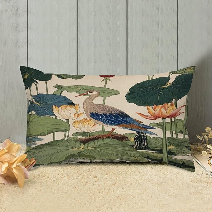 Set of 2 Chinese Pond Bird Decorative Throw Pillow Covers 12x20in Farmhouse Rectangle Accent Pillow Cases Cushion Cover Cases for Sofa Chair Bedroom Home Decor