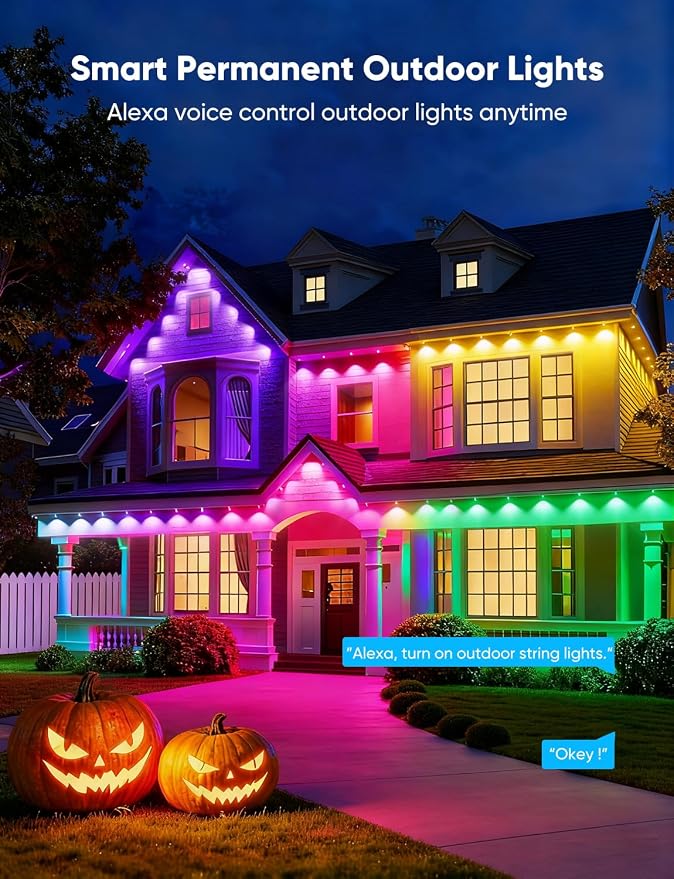 RGBW Permanent Outdoor Lights 400ft, 40LM, with 288 LED Bulbs, Black | IP67 Waterproof, 111 Scene Modes, 2700K Warm White, Music Sync, Individual Control, Eave Lights Compatible with Alexa