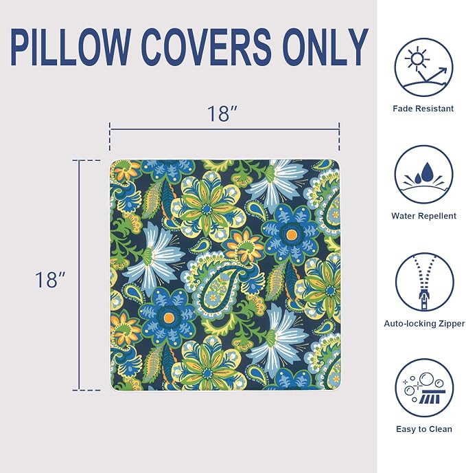 Outdoor Throw Pillow Covers Pack of 2, Decorative Water Repellent Square Pillow Cases with Piping 18x18 Inch, Wonder Garden