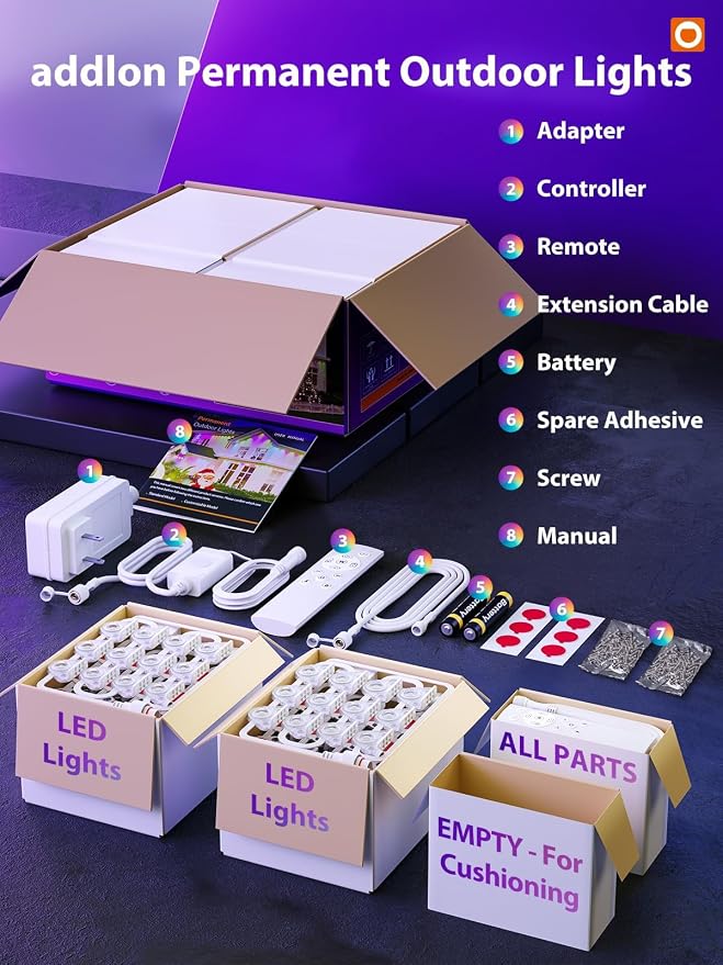 addlon Permanent Outdoor Lights, Smart RGB+IC LED Lights for House Outdoor | App & Remote Control, Scene Modes, IP67 Waterproof for Christmas, Holiday, Valentine's Day Decorations, 200FT