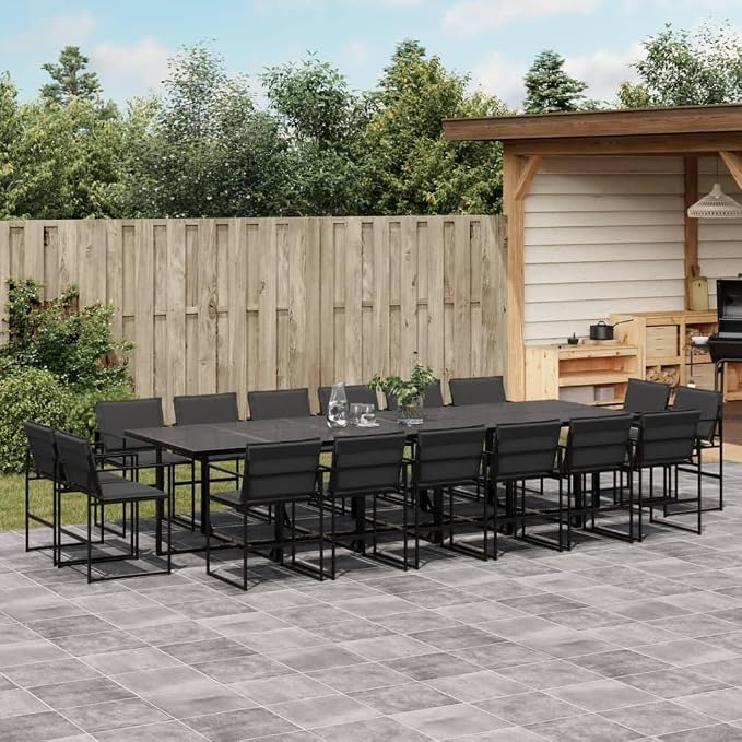 17 Piece Patio Dining Set with Cushions Black Textilene Outdoor Furniture for 8 People Garden Table and 16 Folding Chairs Tempered Glass Top UV Resistant