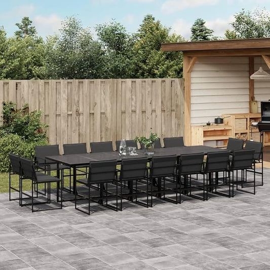 17 Piece Patio Dining Set with Cushions Black Textilene Outdoor Furniture for 8 People Garden Table and 16 Folding Chairs Tempered Glass Top UV Resistant