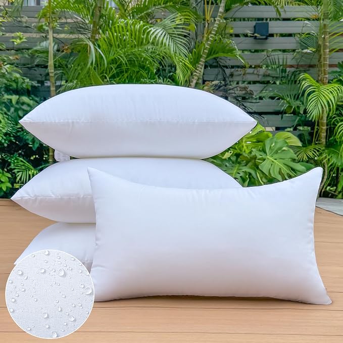 12 x 20 Outdoor Pillow Insert Set of 4 Small Lumbar Patio Furniture Pillows for Porch Couch Fall Throw Pillow Inserts Premium Decorative Stuffer Pillows Waterproof Rectangle White Cushion
