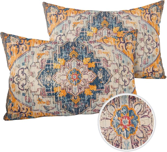Outdoor Waterproof Pillow Covers Set of 2, Meddle Century Vintage Carpet Mural Pattern Patio Throw Pillow Covers, Decorative Cushion Case for Couch Sofa Furniture Garden, 20x12 Inch