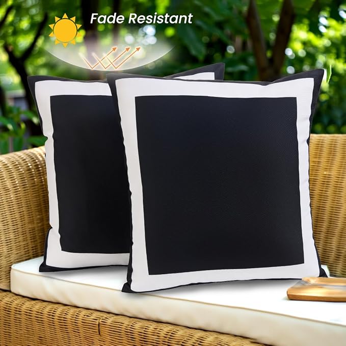 JOJOGOGO Black Outdoor Throw Pillow Covers Waterproof 20x20 Set of 2, Black and White Decorative Outdoor Waterproof Sunburn Resistant Boho Pillows 20 x 20 for Patio Furniture Porch (White Border)