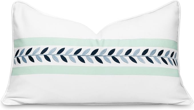 Hofdeco Premium Coastal Patio Indoor Outdoor Lumbar Pillow Cover Only, 12"x20" Water Repellent for Backyard, Couch, Aqua Embroidered Frame Leafs with Piping