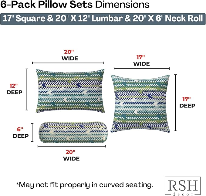 RSH DECOR: 6-Pack Pillow Set | Sunbrella Performance Fabric |Water & Fade-Resistant| 17" Square, 20"x12" Lumbar, 20"x6" Neck Roll | Outdoor Pillows for Patio Furniture | Made in USA (Escape Sky)