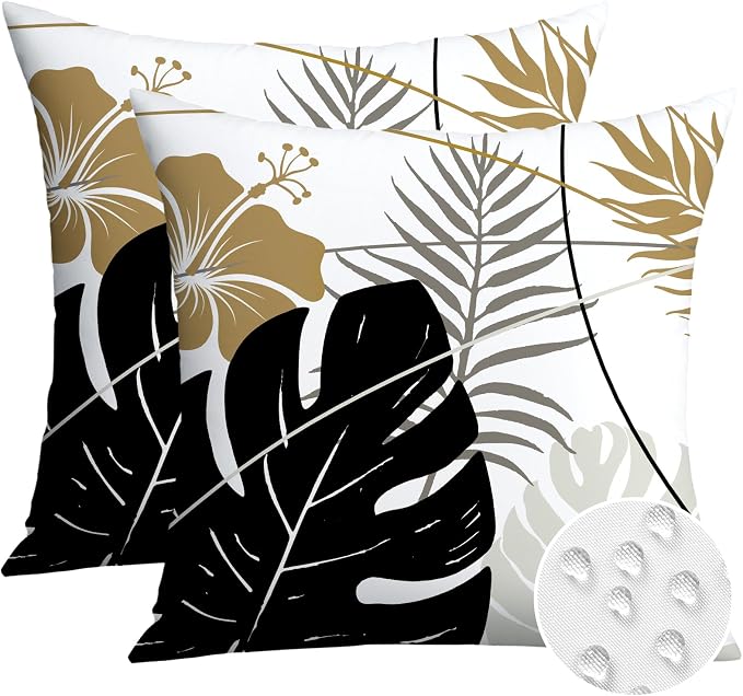 OTOSTAR Outdoor Waterproof Throw Pillow Covers 18x18 Inch Set of 2 Double-Sided Black Brown Grey Tropical Leaf and Flower Spring Summer Decorative Pillow Cases for Patio Funiture Garden Balcony Couch