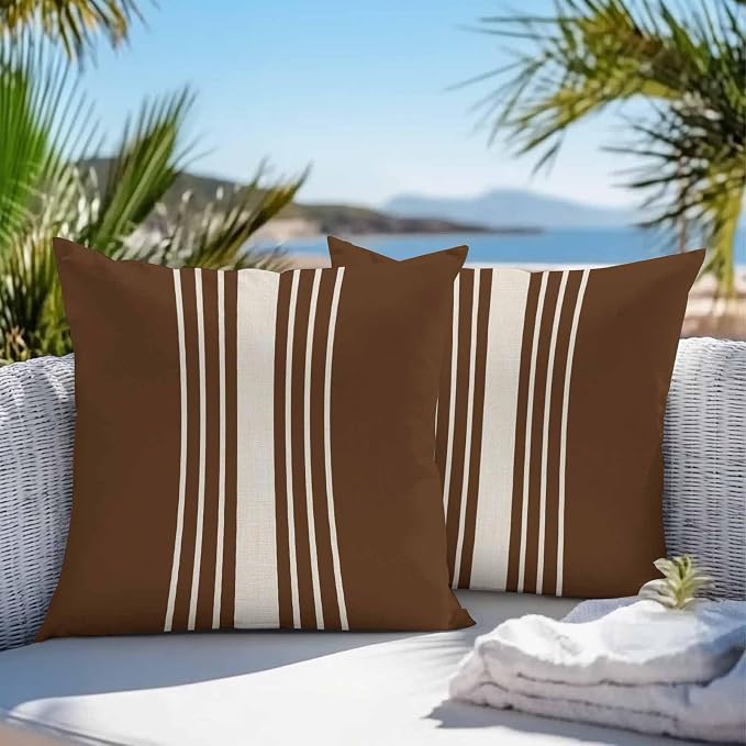 Throw Pillow Covers 18x18 Inch Set of 2, Brown Beige Striped Waterproof Outdoor Cushion Covers, Modern Farmhouse Retro Lines Decorative Pillowcases for Couch, Sofa, Bed, Garden, Patio