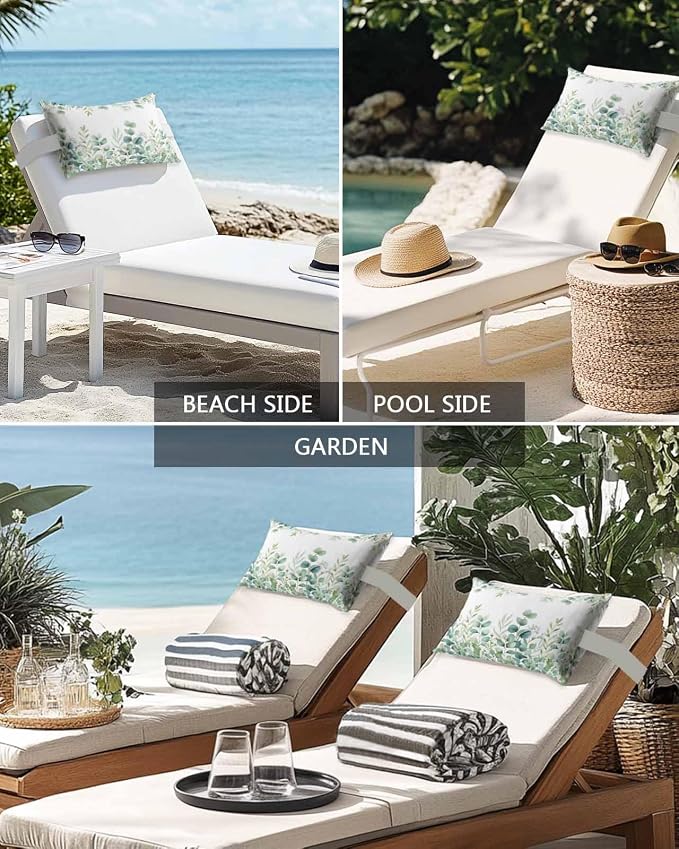 Green Eucalyptus Leaves Outdoor Pillows with Insert 12x20 Inch Watercolor Spring Botanical Waterproof Headrest Pillows with Adjustable Strap Lounger Chair Throw for Patio Furnitures, 1 Pack
