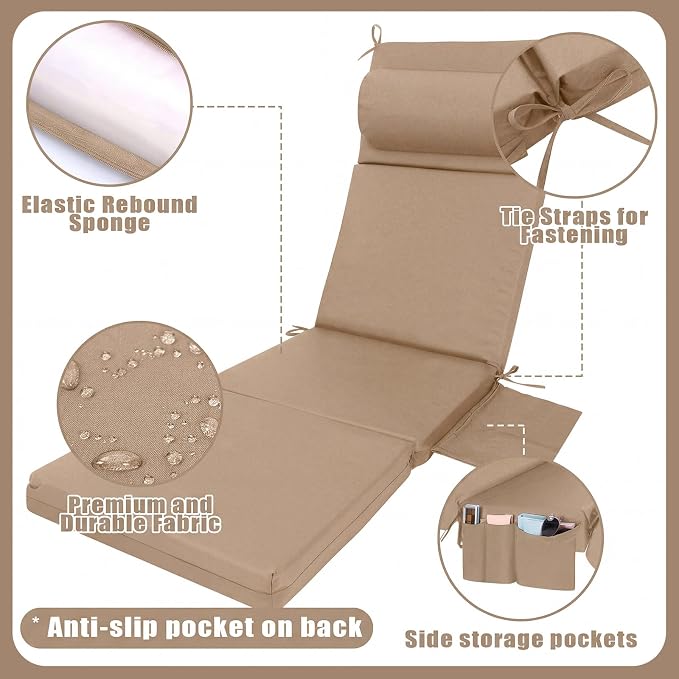 RattanView 2 Pcs Outdoor Chaise Lounge Cushion with Pillow and Side Pockets Waterproof Lounge Chair Cushions for Outdoor Furniture Patio Lounger Pad for Outside Pool Lawn (Brown,72 x 21 x 4)