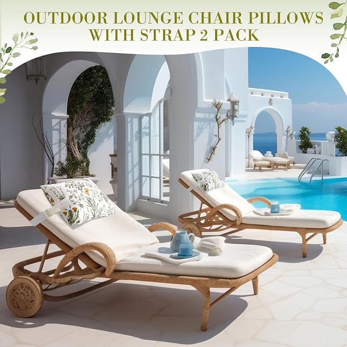Lineshading 4 Pcs Chaise Lounge Pillow with Strap Outdoor Waterproof Pool Chair Neck Headrest Pillows with Adjustable Elastic Band for Beach Patio Chair Recliner(Colorful,Wildflower)
