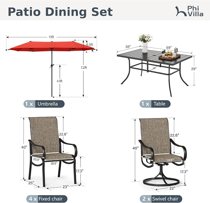 PHI VILLA 8 Pcs Outdoor Dining Set with 13ft Umbrella, Mesh Patio Chairs | 59'' rectangular metal table, 2 swivel & 4 fixed patio chairs and 13ft orange red umbrella(NO BASE) for deck, garden, yard
