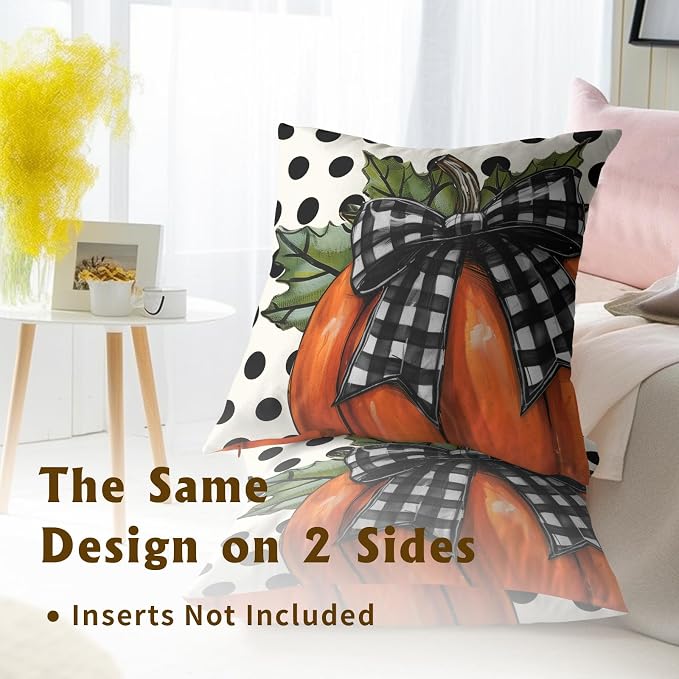 Rustic Fall Pillow Covers Set of 2, 18x18 Inch Vintage Plaid Pumpkin Polka Dots Design Farmhouse Square Throw Pillowcases Cotton Washable for Sofa Couch Porch Patio Bench Decor
