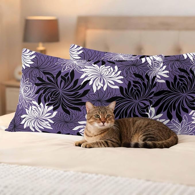 Yukro Purple Black Floral Outdoor Waterproof Pillow Covers Pack of 2, Vintage White Black Flower Purple Decorative Throw Pillowcases Cushion Covers for Garden Patio Tent Sofa Couch, 20x12 inch