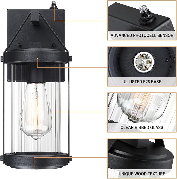 2 Pack Dusk to Dawn Sensor Black Outdoor Wall Sconce Lightings | Exterior Porch Lantern Waterproof Outside Garage Light Fixtures Wall Mount for House Patio Entryway