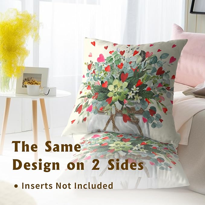 Eucalyptus Love Heart Pillow Covers 16x16, Mason Jar Leaves Red Hearts Valentine's Day Decorative Pillow Cases Soft Square Cushion Cover for Wedding Party Home Decor Set of 2