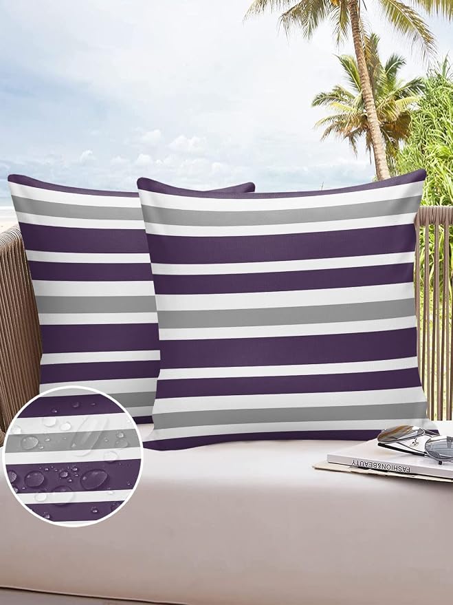 Outdoor Waterproof Throw Pillow Covers Set of 2 Grey Purple Stripes Decorative Outdoor Pillows Cushion Case 18x18 Inch Classic Striped Patio Pillows for Couch Sofa Bed Garden Office Home Decor