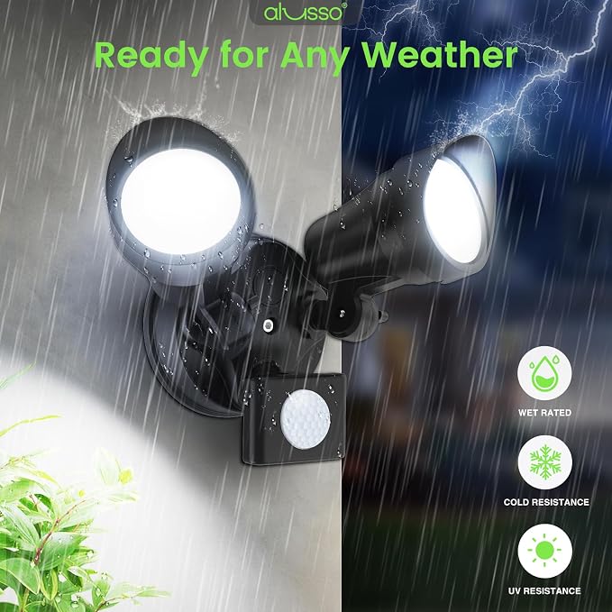 ALUSSO LED Security Lights Motion Sensor, 25W 2000LM Flood Lights Outdoor Motion Sensor with Remote 120V, Dimmable Brightness 3000K-6500K CCT IP65 Security Light ETL Listed for House Garage, 2 Pack