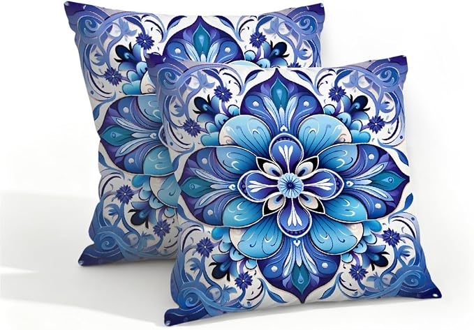 16x16 Inch Outdoor Pillow Covers Set of 2 Waterproof Throw Pillow Covers Decorative Couch Cushion Covers Flower Boho Square Pillowcases Protectors for Patio Garden Sofa