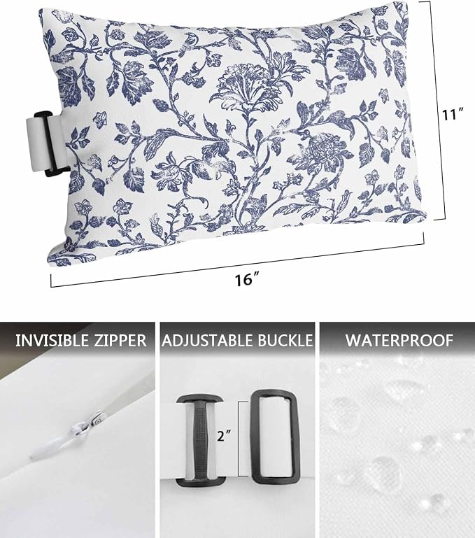 Pack of 2 Outdoor Lumbar Pillow Covers 11x16 Inch, Blue Flower Waterproof Throw Pillow Covers Set, Spring Leaf Vintage Farmhouse Boho Plant Indoor&Outdoor Cushion Cases for Patio Porch Beach