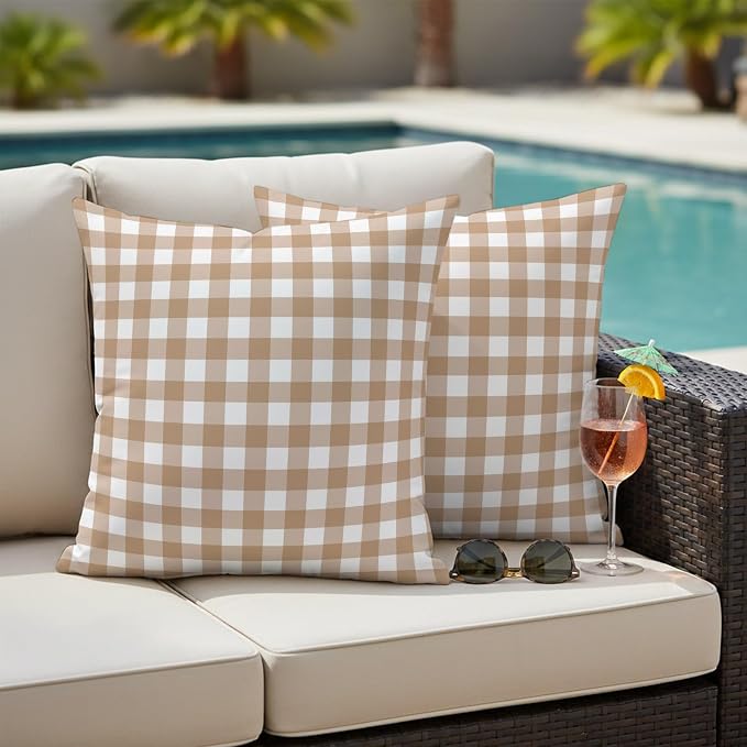 Brown Checks Outdoor Pillow Covers 18"x18" Set of 2, Beige Rustic Gingham Plaid Abstract Modern Waterproof Throw Pillow Covers for Patio Furniture, Decorative Cushion Covers for Porch
