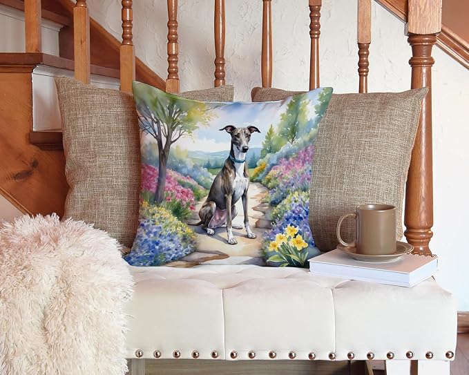 Caroline's Treasures Greyhound Spring Path Throw Pillow Machine Washable, Indoor Outdoor Decorative Pillow for Couch, Bed or Patio, 14Hx14W