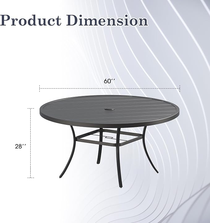 Outdoor Dining Table for 8, 60" Round Outdoor Table with Adjustable Umbrella Hole, All-Weather Metal Patio Dining Table for Lawn Garden Backyard Deck, Black