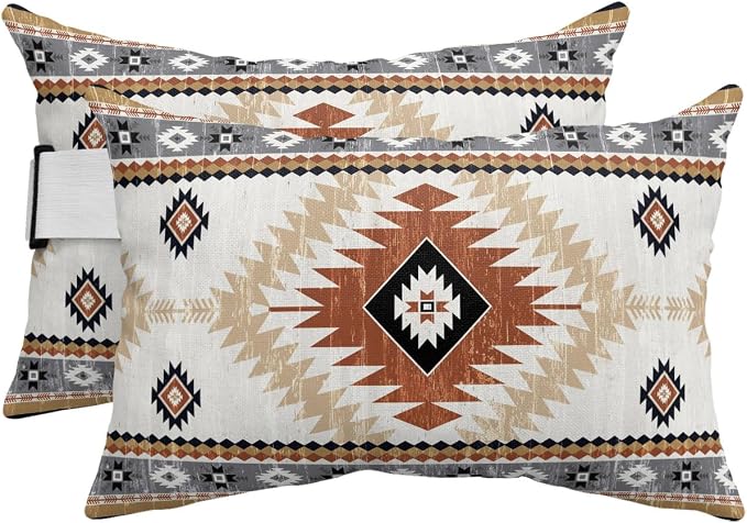 Outdoor Pillows Waterproof Covers Set of 2, Orange Bohemian Adjustable Elastic Chaise Lounge Headrest Pillow Covers, Aztec Boho Tribal Decorative Lumbar Pillow for Pool Patio Furniture 20x12 Inch