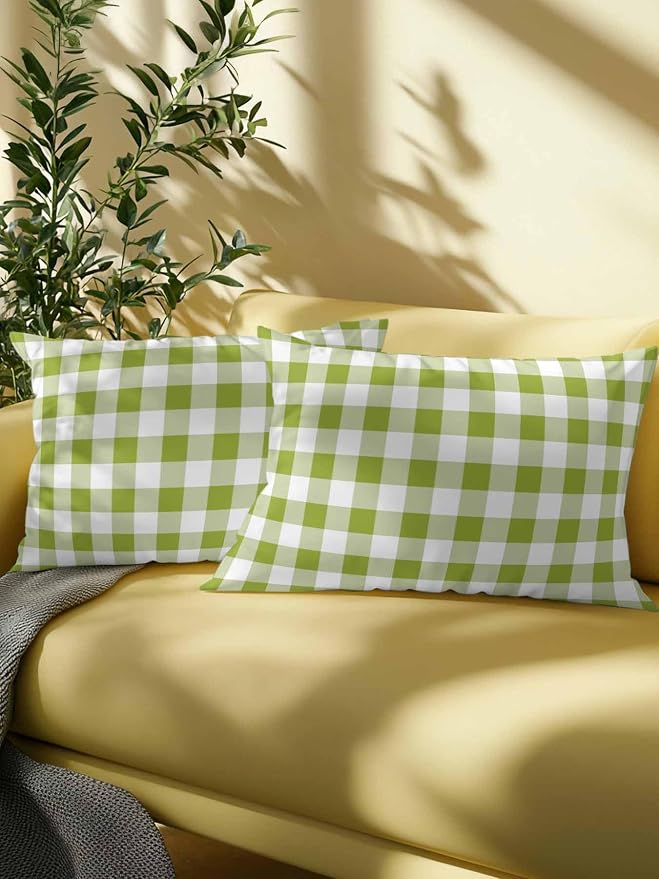 Waterproof Outdoor Pillow 1 Pack Avocado Green Buffalo Plaid Decorative Throw Pillows Cover & Insert 20x12 Inch Lumbar Pillowcase Check Lines Pillows for Couch Sofa Bed Patio Furniture Indoor Outdoor