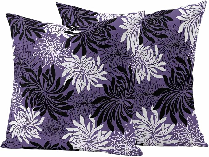 Yukro Purple Black Floral Outdoor Waterproof Pillow Covers Pack of 2, Vintage White Black Flower Purple Decorative Throw Pillowcases Cushion Covers for Garden Patio Tent Sofa Couch, 20x20 inch