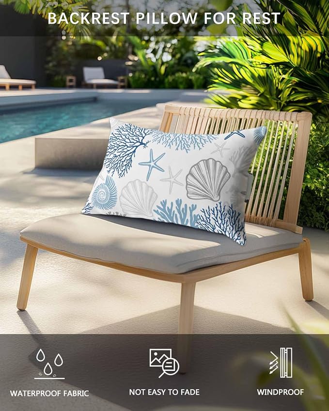 Chaise Lounge Head Pillows,Ocean Shell Starfish Coral Outdoor Waterproof Patio Throw Pillows Watercolor Marine Life Theme Lumbar Pillow for Patio Beach Pool
