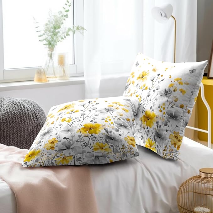 Watercolor Wildflowers Pillow Covers 16x16 Inch, Set of 2 Grey Yellow Spring Summer Blossom Floral Square Pillowcases Cotton Cushion Cover for Living Room Bed Sofa Home Decor