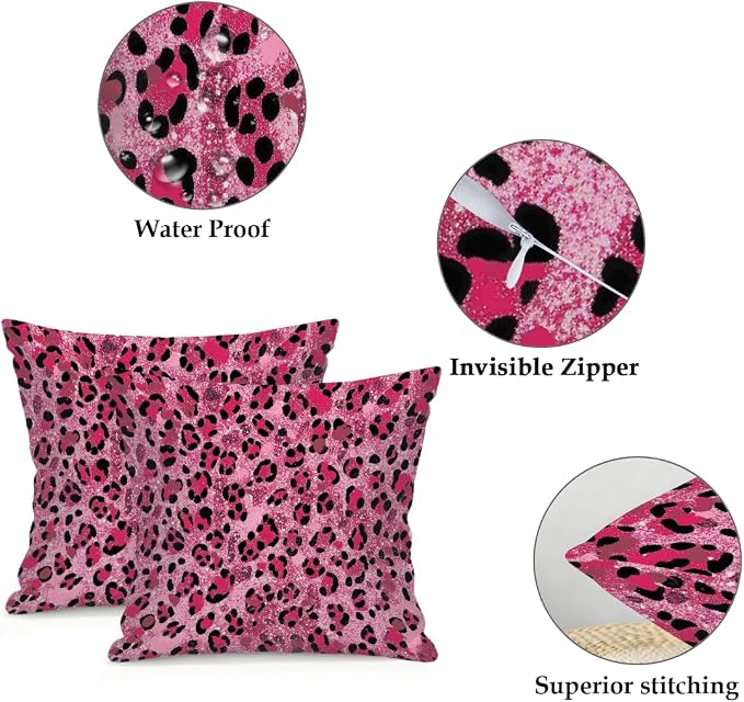 20x20 Inch Outdoor Pillow Covers Set of 2 Waterproof Throw Pillow Covers Decorative Couch Cushion Covers Pink Glitter Leopard Print Square Pillowcases Protectors for Patio Garden Sofa