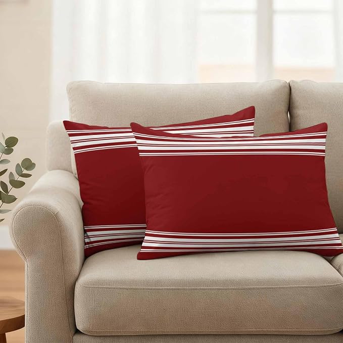 Outdoor Pillow Covers 12x20 Set of 2 Burgundy Red Stripe Outdoor Pillows Waterproof Throw Pillow Covers French Stripe Farmhouse Style Pillowcases Decorative Case for Patio Cushion