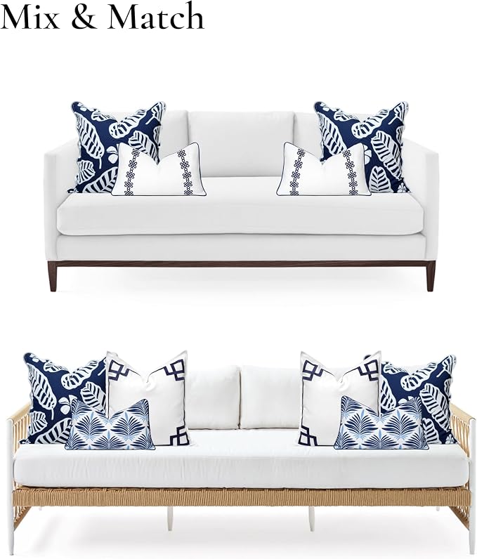 Hofdeco Premium Coastal Hampton Patio Indoor Outdoor Throw Pillow Cover Only, 20"x20" Water Repellent for Backyard, Couch, Poolside, Navy Blue Print Palm Leaves and Hisbucs Flowers