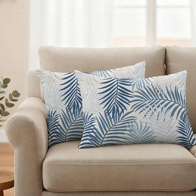 Outdoor Waterproof Throw Pillow Covers, Blue Grey Palm Leaves Decorative Pillow Cases, Summer Botanical Tropical Leaf Couch Pillow Protector Patio Sofa Cushion Covers Replacement 20"x12" 2 Pack